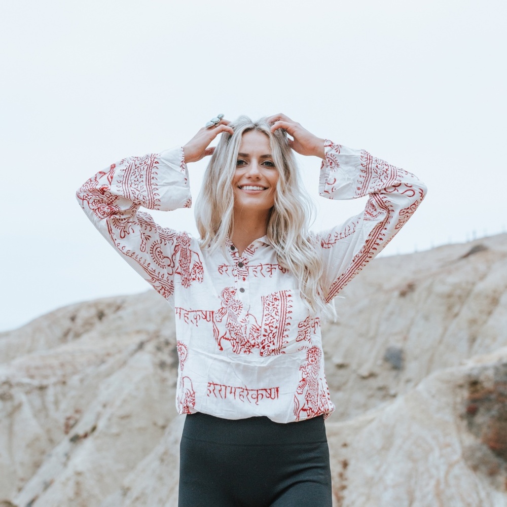 Om Shirt, Yoga Boho Style, Rayon, White & Red